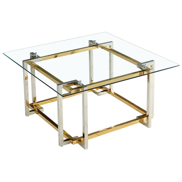 Worldwide Home Furnishings Florina-sq Modern Metal & Glass Coffee Table - Elegant Silver/Gold Finish For Stylish Living Spaces Silver,Gold Metal,Glass 301-561squ