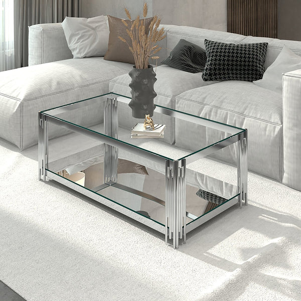Worldwide Home Furnishings Estrel-coffee Table - Contemporary Two-tier Glass And Mirror Design With Art-deco Inspired Style Silver Metal,Glass 301-630ch