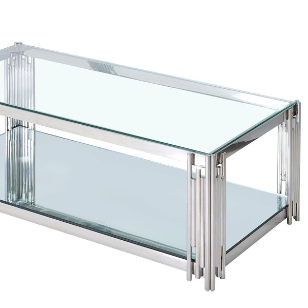 Worldwide Home Furnishings Estrel-coffee Table - Contemporary Two-tier Glass And Mirror Design With Art-deco Inspired Style Silver Metal,Glass 301-630ch