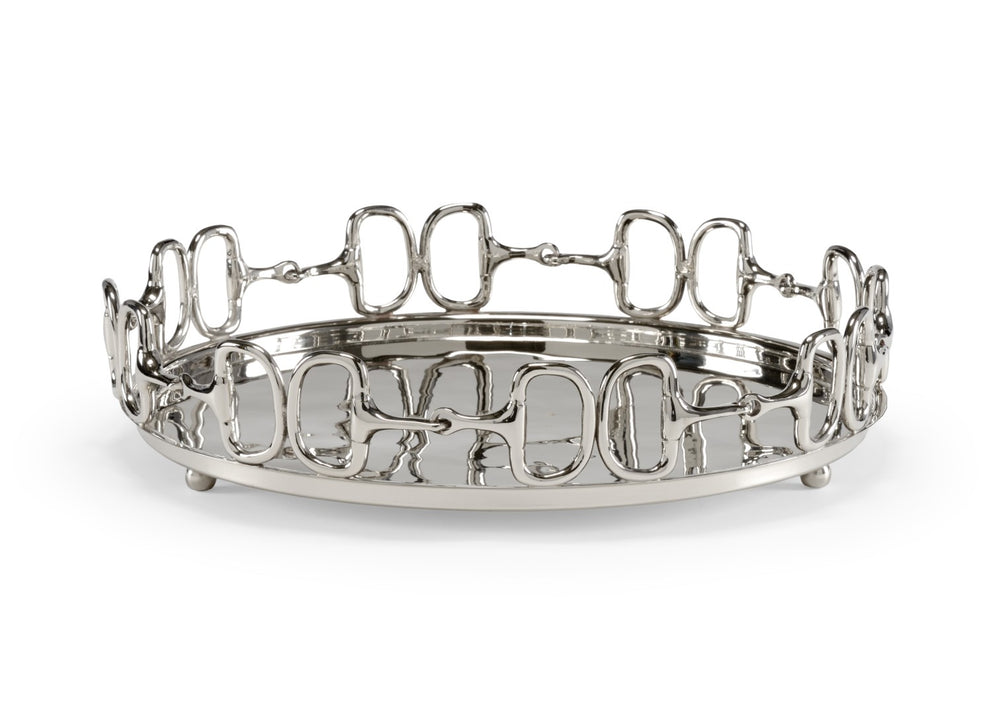 Wildwood Stirrups Cast Brass Serving Tray In Polished Nickel — Equestrian D-Ring & Snaffle Bit Accent, 19" 301016