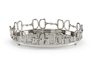 Wildwood Stirrups Cast Brass Serving Tray In Polished Nickel — Equestrian D-Ring & Snaffle Bit Accent, 19" 301016