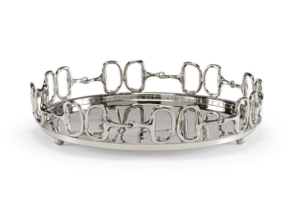 Wildwood Stirrups Cast Brass Serving Tray In Polished Nickel — Equestrian D-Ring & Snaffle Bit Accent, 19" 301016