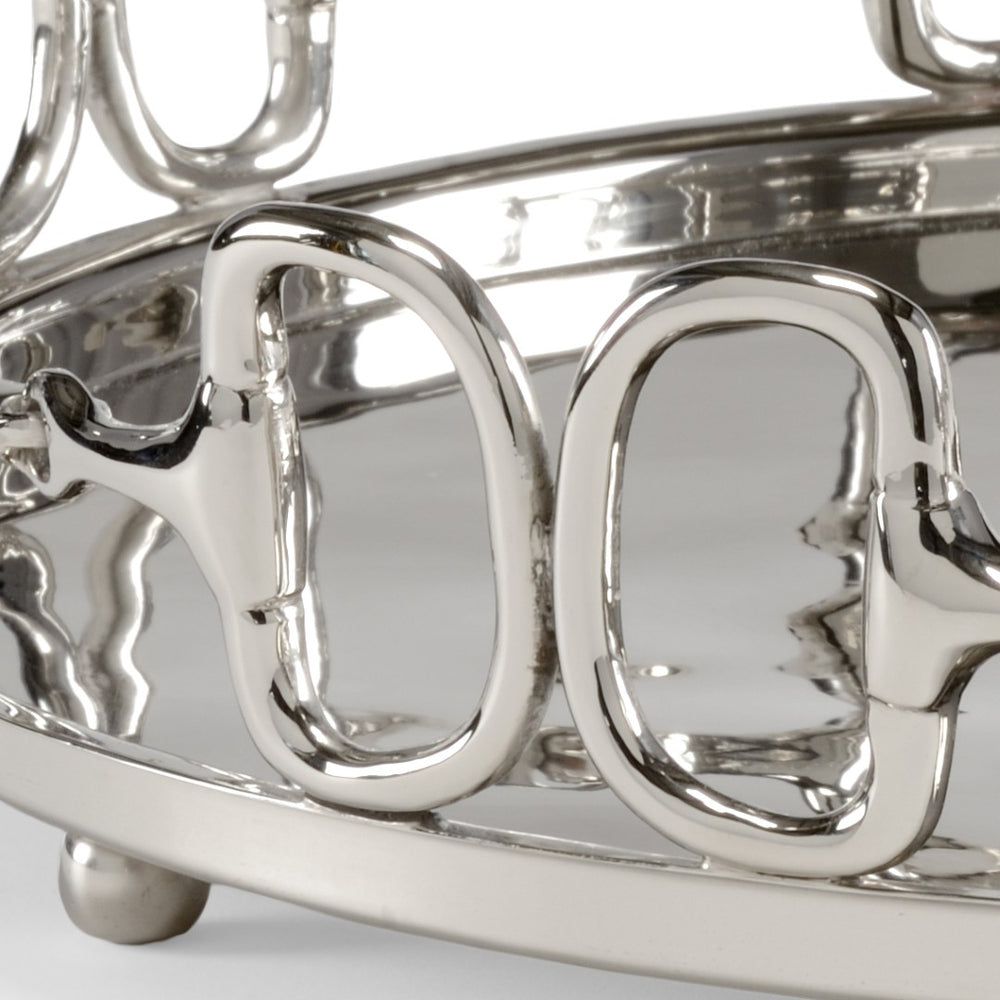 Wildwood Stirrups Cast Brass Serving Tray In Polished Nickel — Equestrian D-Ring & Snaffle Bit Accent, 19" 301016