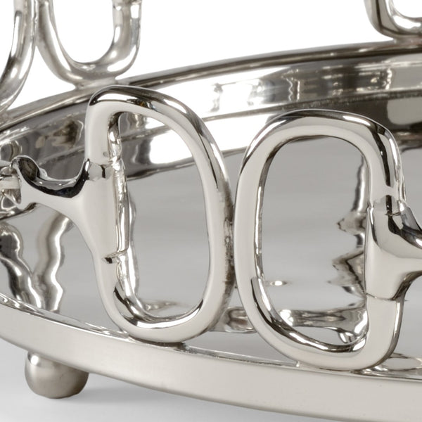 Wildwood Stirrups Cast Brass Serving Tray In Polished Nickel — Equestrian D-Ring & Snaffle Bit Accent, 19" 301016