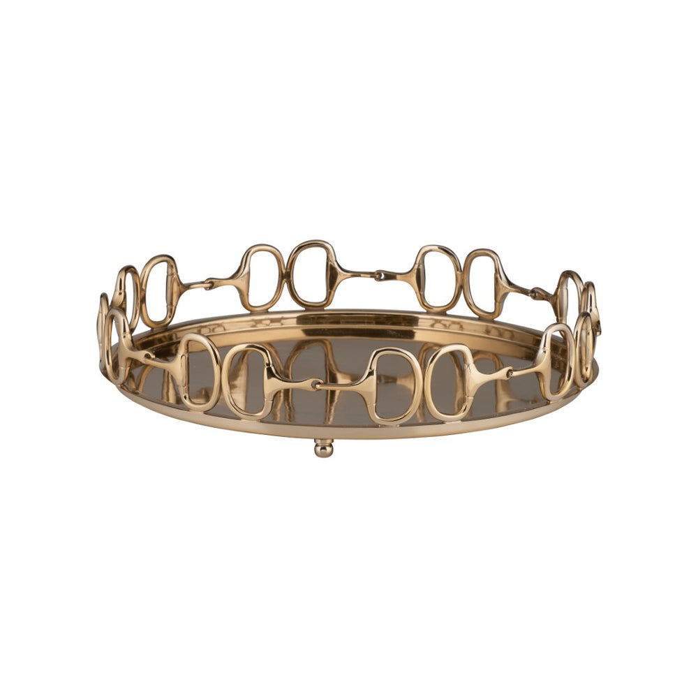 Wildwood Stirrups Brass Round Serving Tray 19" — Antique Patina, Heavy Cast Brass, Equestrian "D" Ring Accent For Home Decor And Entertaining 301017