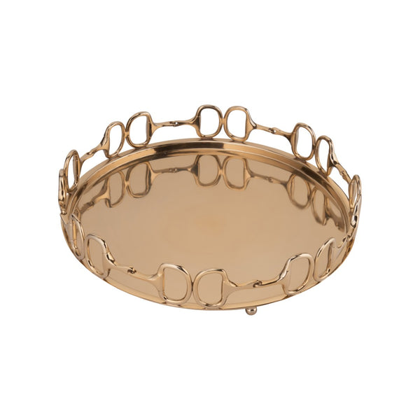 Wildwood Stirrups Brass Round Serving Tray 19" — Antique Patina, Heavy Cast Brass, Equestrian "D" Ring Accent For Home Decor And Entertaining 301017