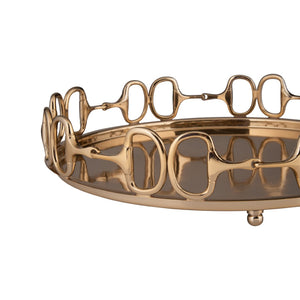 Wildwood Stirrups Brass Round Serving Tray 19" — Antique Patina, Heavy Cast Brass, Equestrian "D" Ring Accent For Home Decor And Entertaining 301017