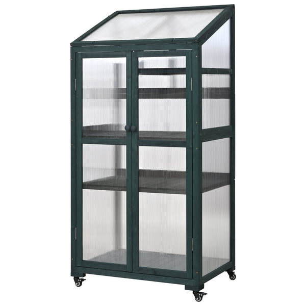 English Elm Topmax Fir Wood Portable Greenhouse with Polycarbonate Panels Adjustable Shelves and Casters N717P221494F