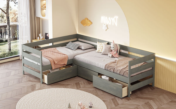 English Elm Twin L-Shaped Platform Bed with Three Spacious Drawers, Solid Pine & MDF, Clean-Lined Design Gray N7090000468E