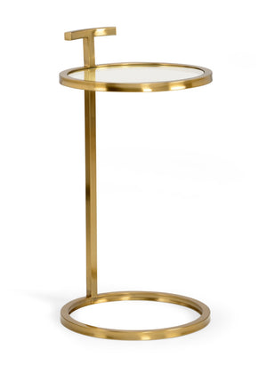 Wildwood Elsie Antique Brass Accent Table With Clear Glass Top, T-Handle Mobility & Compact 26"H Side Table 301060