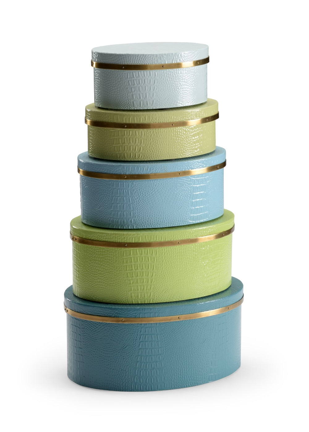 Wildwood Oval Faux Crocodile Decorative Boxes Set Of 5-Inches Blue Teal Kiwi With Solid Brass Trim For Styling 301078