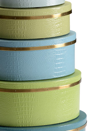 Wildwood Oval Faux Crocodile Decorative Boxes Set Of 5-Inches Blue Teal Kiwi With Solid Brass Trim For Styling 301078