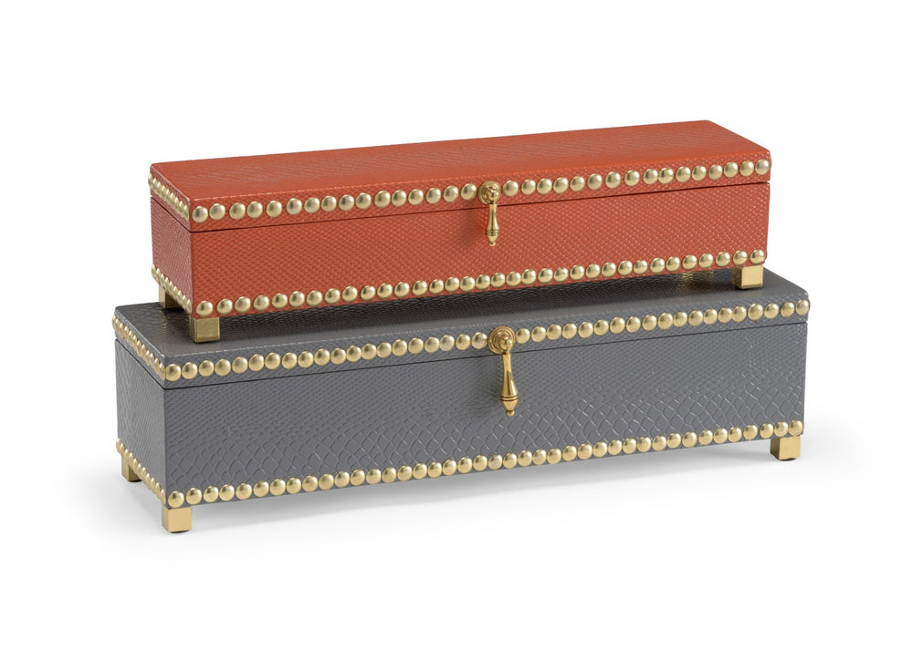 Wildwood Treasure Faux Cobra-Skin Decorative Boxes Set Of 2-Inches Coral & Slate With Brass Trim, Hinged Luxury Storage Decor 301079