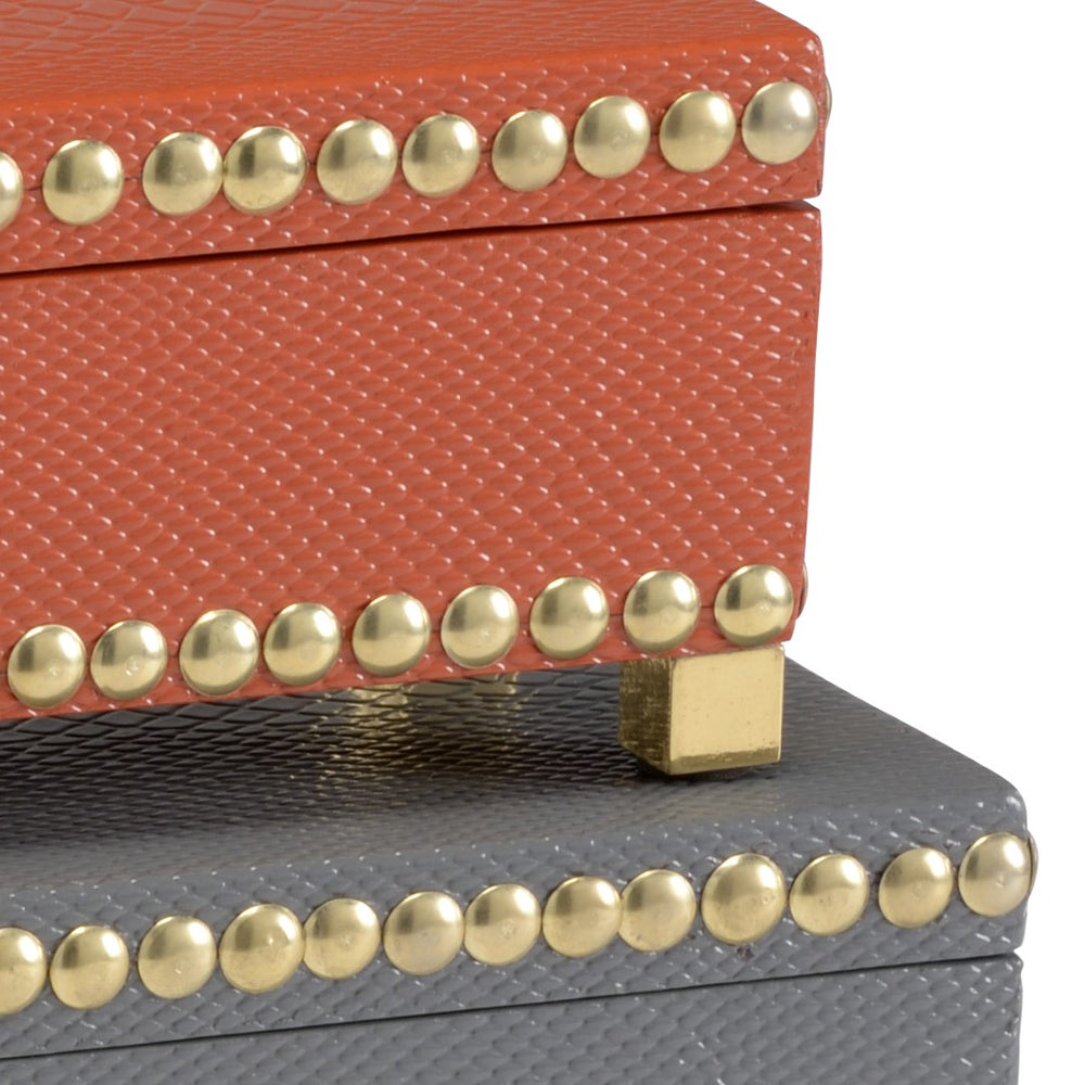 Wildwood Treasure Faux Cobra-Skin Decorative Boxes Set Of 2-Inches Coral & Slate With Brass Trim, Hinged Luxury Storage Decor 301079