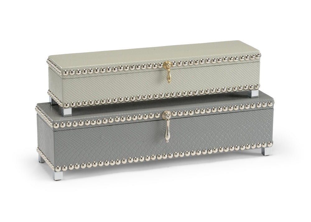 Wildwood Treasure Mist Sage Faux Cobra-Skin Hinged Boxes Set Of 2 With Nickel Nail-Head Trim & Raised Feet 301080