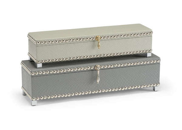 Wildwood Treasure Mist Sage Faux Cobra-Skin Hinged Boxes Set Of 2 With Nickel Nail-Head Trim & Raised Feet 301080