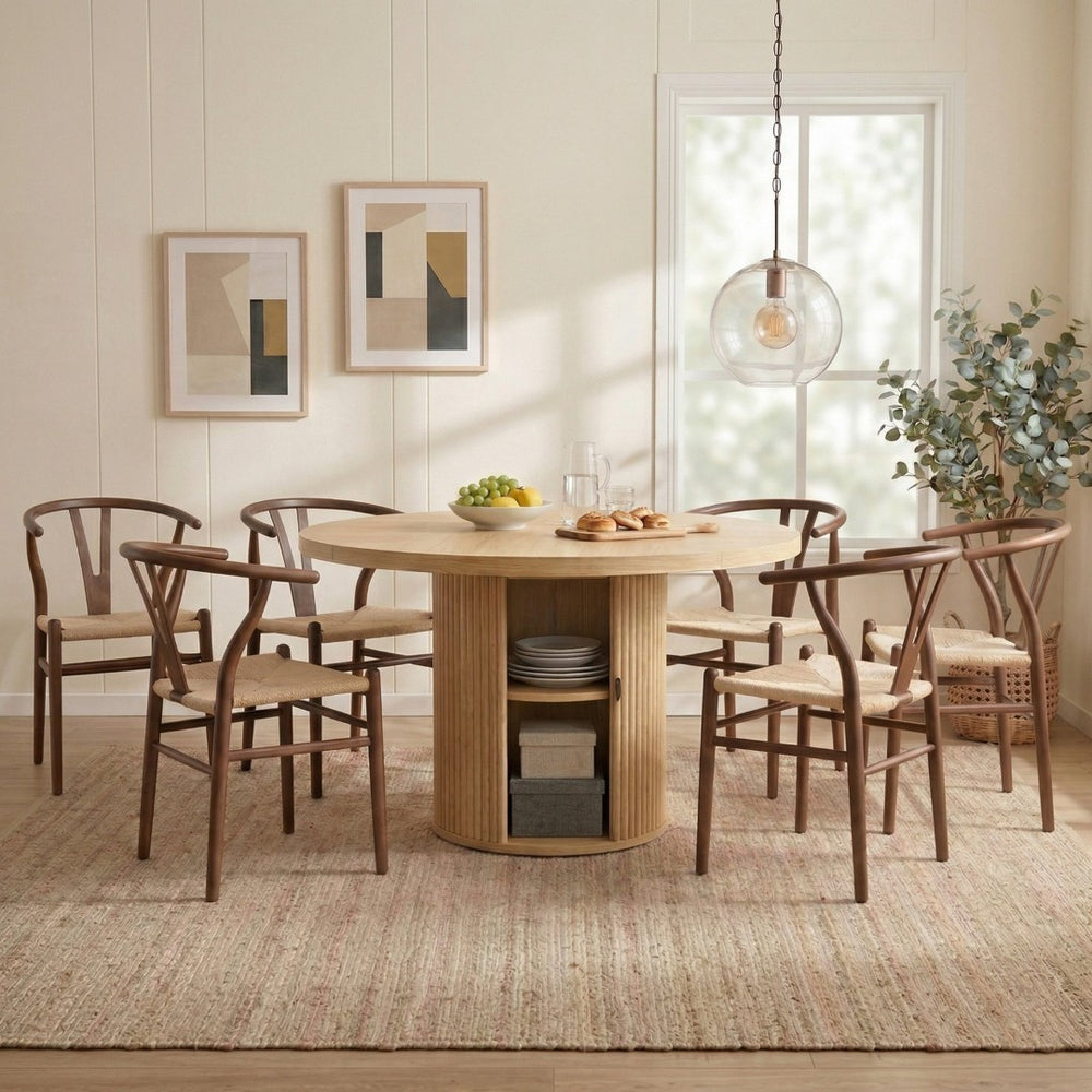 English Elm 6-piece Round Pedestal Dining Set with Woven Wishbone Chairs and Fluted Column Base Walnut,Wood W2920S00152