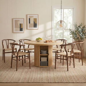English Elm 6-piece Round Pedestal Dining Set with Woven Wishbone Chairs and Fluted Column Base Walnut,Wood W2920S00152