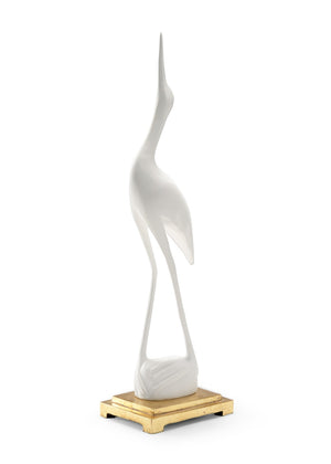 Wildwood Crane Matte White Sculptural Bird With Antique Gold Leaf Base — Minimalist Resin Accent For Shelves, Mantels 301114