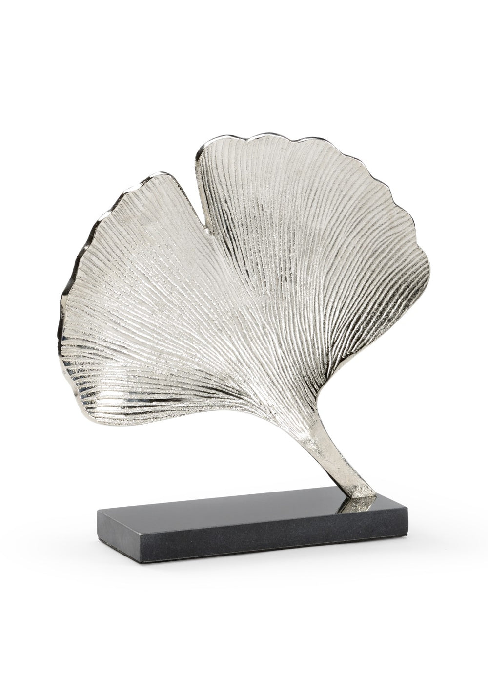 Wildwood Ginkgo Sculptural Leaf Ornament In Textured Nickel On Black Marble Base — Modern Organic Accent Piece 301133