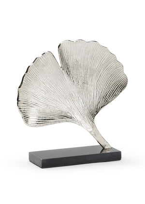 Wildwood Ginkgo Sculptural Leaf Ornament In Textured Nickel On Black Marble Base — Modern Organic Accent Piece 301133