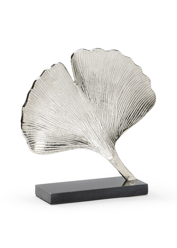 Wildwood Ginkgo Sculptural Leaf Ornament In Textured Nickel On Black Marble Base — Modern Organic Accent Piece 301133