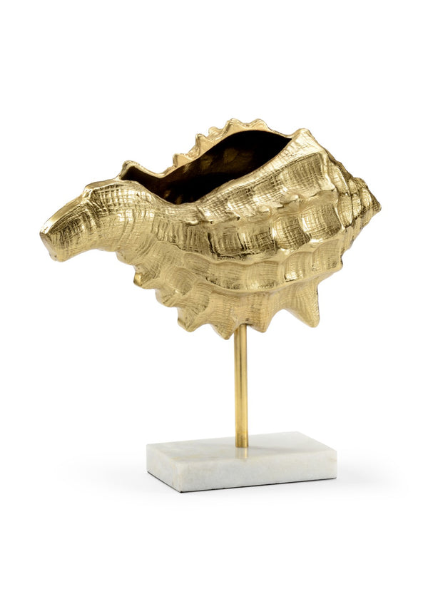 Wildwood Conch Sculptural Gold Shell On White Marble Base — 17.5" Coastal Accent, Luxe Textured Decor 301137