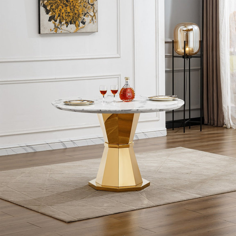English Elm 47" Round Marble Dining Table - Luxurious High Gloss Faux Marble Top & Stainless Steel Base For Modern Spaces W3456S00005