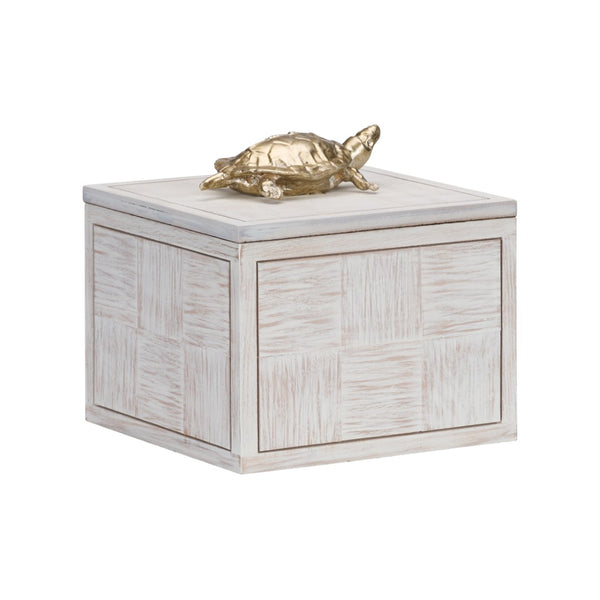 Wildwood Tortoise Coastal Whitewashed Decorative Box With Nickel-Plated Figurine — Concealed Storage For Keys, Jewelry, Trinkets (7" Cubed) 301184