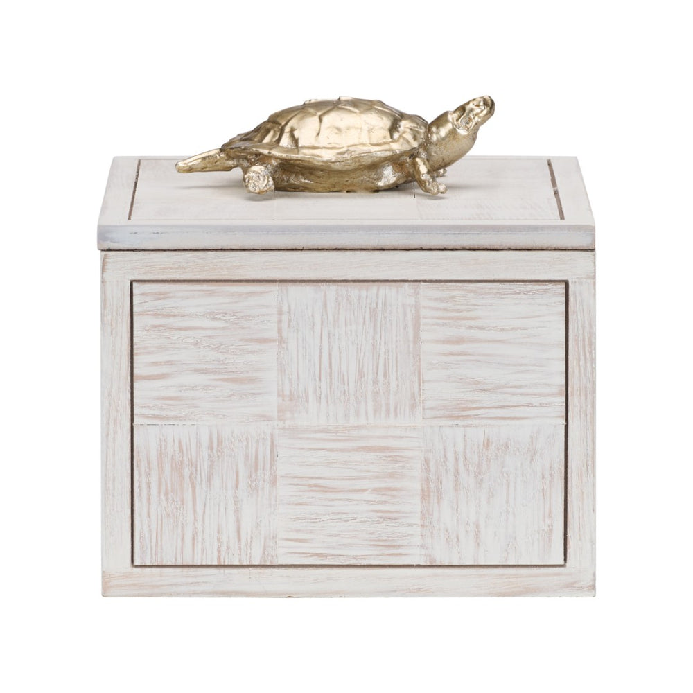 Wildwood Tortoise Coastal Whitewashed Decorative Box With Nickel-Plated Figurine — Concealed Storage For Keys, Jewelry, Trinkets (7" Cubed) 301184