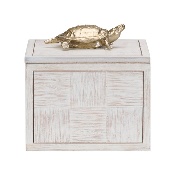 Wildwood Tortoise Coastal Whitewashed Decorative Box With Nickel-Plated Figurine — Concealed Storage For Keys, Jewelry, Trinkets (7" Cubed) 301184