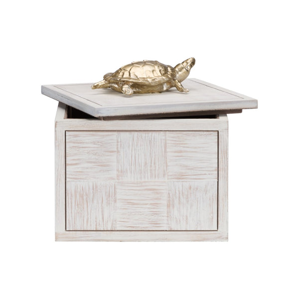 Wildwood Tortoise Coastal Whitewashed Decorative Box With Nickel-Plated Figurine — Concealed Storage For Keys, Jewelry, Trinkets (7" Cubed) 301184