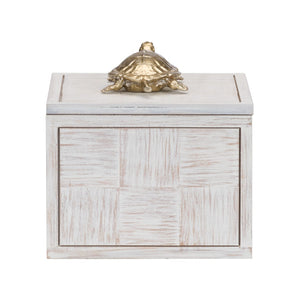 Wildwood Tortoise Coastal Whitewashed Decorative Box With Nickel-Plated Figurine — Concealed Storage For Keys, Jewelry, Trinkets (7" Cubed) 301184