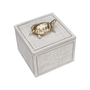 Wildwood Tortoise Coastal Whitewashed Decorative Box With Nickel-Plated Figurine — Concealed Storage For Keys, Jewelry, Trinkets (7" Cubed) 301184