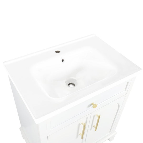 English Elm 27.8" Mid-century Freestanding Bathroom Vanity with Ceramic Sink Drawer and Wood Base White W1801S00004