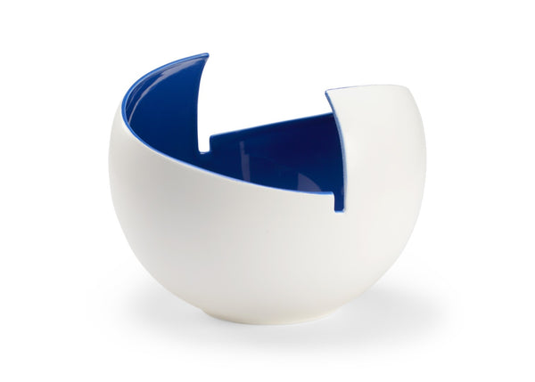 Wildwood Benson Sculptural Porcelain Bowl In White With Glossy Blue Interior — 14" Centerpiece For Modern Decor 301207
