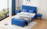 English Elm 4-Pieces Bedroom Sets Queen Size Upholstered Bed Frame With Rivet Design,Nightstands and Tufted Storage Ottoman,Blue