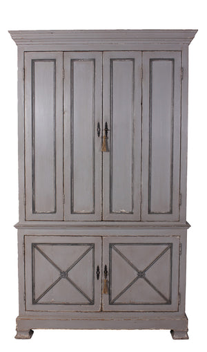 Sarreid Painted Directoire Style Cupboard With Bi-fold Doors - Stylish Grey Pine Finish & 3 Removable Shelves Grey  30122
