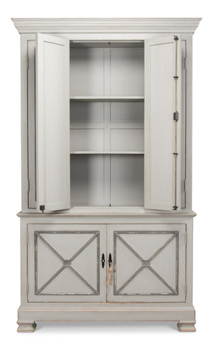 Sarreid Painted Directoire Style Cupboard With Bi-fold Doors - Stylish Grey Pine Finish & 3 Removable Shelves Grey  30122