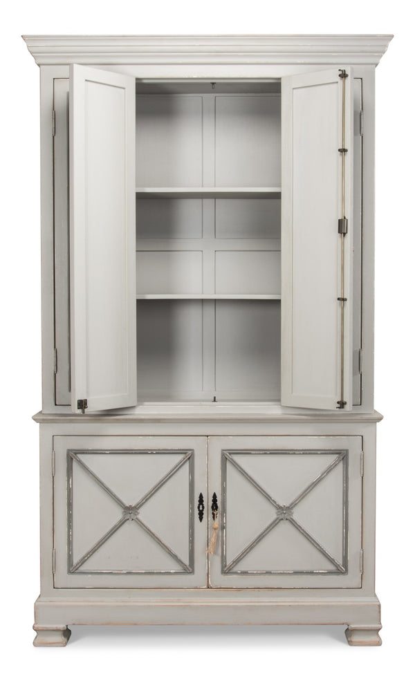 Sarreid Painted Directoire Style Cupboard With Bi-fold Doors - Stylish Grey Pine Finish & 3 Removable Shelves Grey  30122