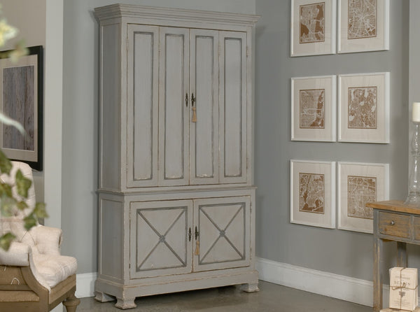 Sarreid Painted Directoire Style Cupboard With Bi-fold Doors - Stylish Grey Pine Finish & 3 Removable Shelves Grey  30122