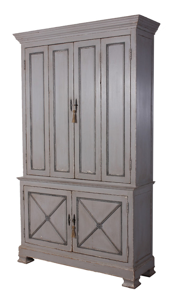 Sarreid Painted Directoire Style Cupboard With Bi-fold Doors - Stylish Grey Pine Finish & 3 Removable Shelves Grey  30122
