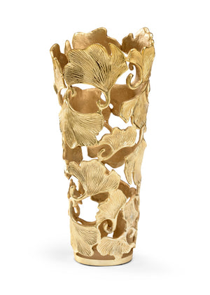 Wildwood Ginkgo Sculptural Vase With Brass-Plated Leaf Accents, 16.5" Tall Metallic Finish For Decor 301240