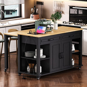 English Elm K&k Farmhouse Kitchen Island Extendable Table Rubber Wood Veneer Built-in Charging Storage Black N707S215327B