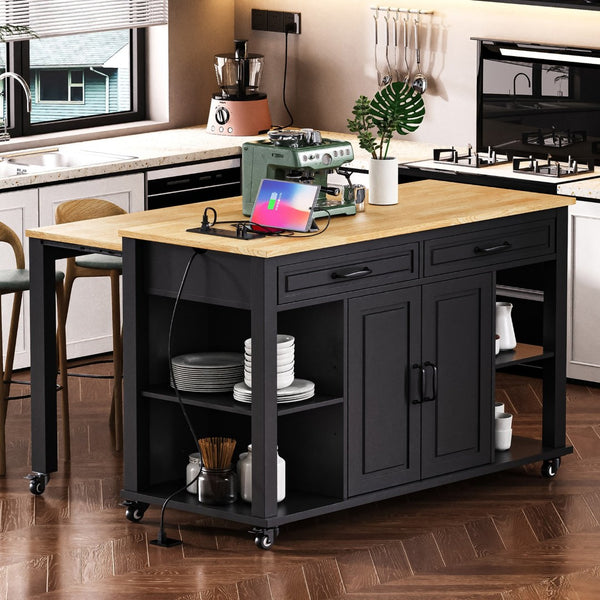 English Elm K&k Farmhouse Kitchen Island Extendable Table Rubber Wood Veneer Built-in Charging Storage Black N707S215327B