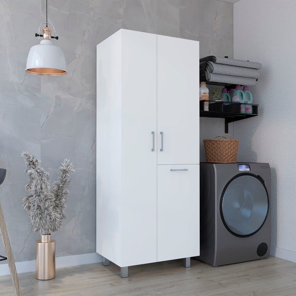 English Elm Iris 71" Tall Two-Door Broom Closet With Built-In Hamper, Adjustable Shelves, Slim White Storage B070S00402