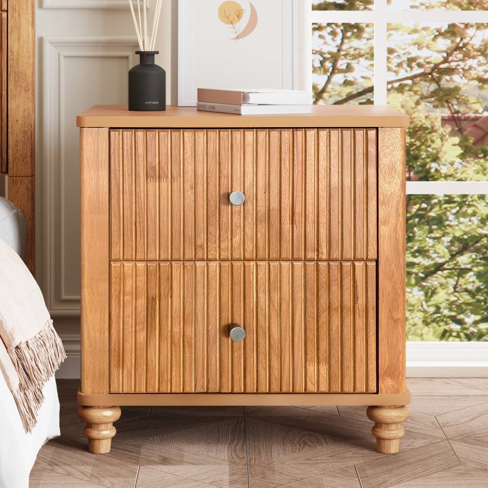 English Elm Fluted Oak Nightstand with 3 Drawers Mid Century Modern Bedside Table Natural Finish W1716P409479