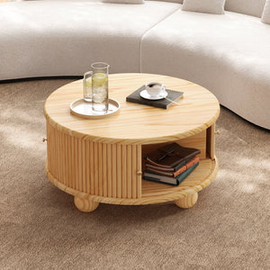 English Elm Round Fluted Pine Wood Coffee Table with Hidden Sliding Door Storage for Living Room Natural N735P369879N