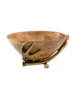 Wildwood Highlands Hand-Carved Mango Wood Bowl With Antique Brass Antler Handles — Rustic Decorative Catchall 301289