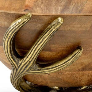 Wildwood Highlands Hand-Carved Mango Wood Bowl With Antique Brass Antler Handles — Rustic Decorative Catchall 301289